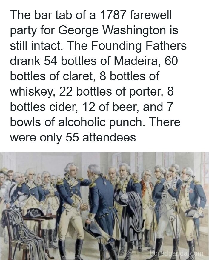 Unique moments in history showing George Washington's 1787 farewell party and Founding Fathers’ bar tab details.