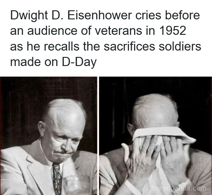 Dwight D. Eisenhower emotional moment in 1952 recalling sacrifices of soldiers on D-Day in unique historic photo.
