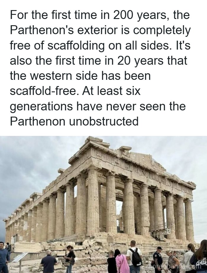 Parthenon exterior viewed without scaffolding, showcasing a rare unique moment in ancient and recent history.