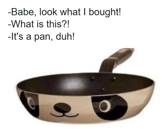 Cute pan with animal face meme showing a humorous conversation about buying a pan, entertaining meme content.