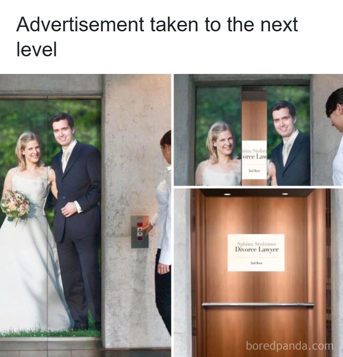 Elevator door with a wedding photo that splits to reveal a divorce lawyer advertisement inside, a hilarious relatable meme.