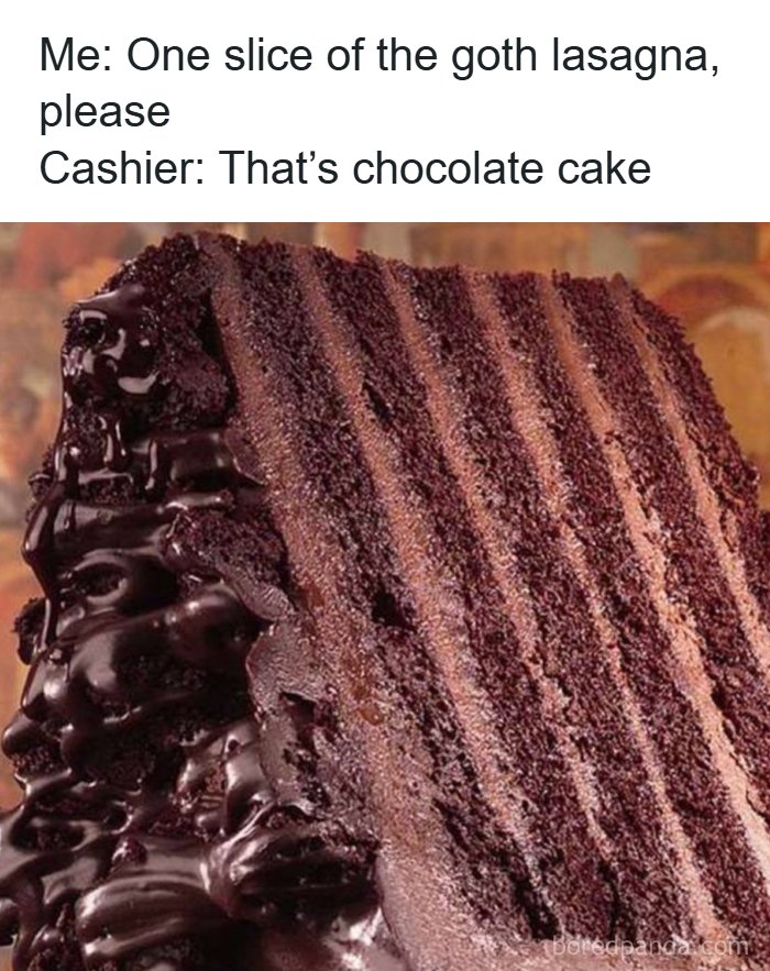 Close-up of a large slice of rich chocolate cake with text about loving food and eating humorously.