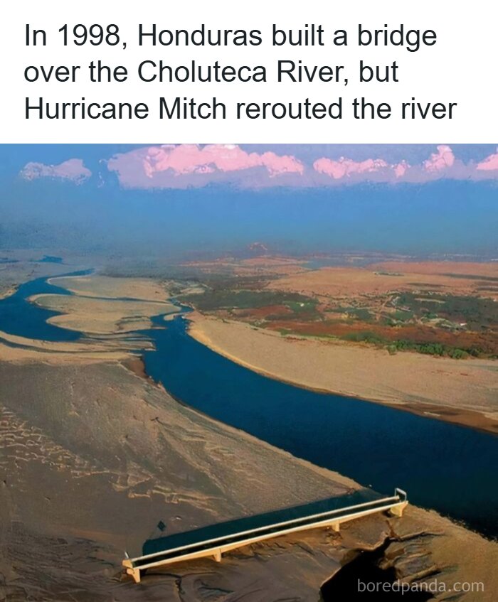 Bridge over the Choluteca River in Honduras left isolated after Hurricane Mitch rerouted the river in 1998, unique history moment.