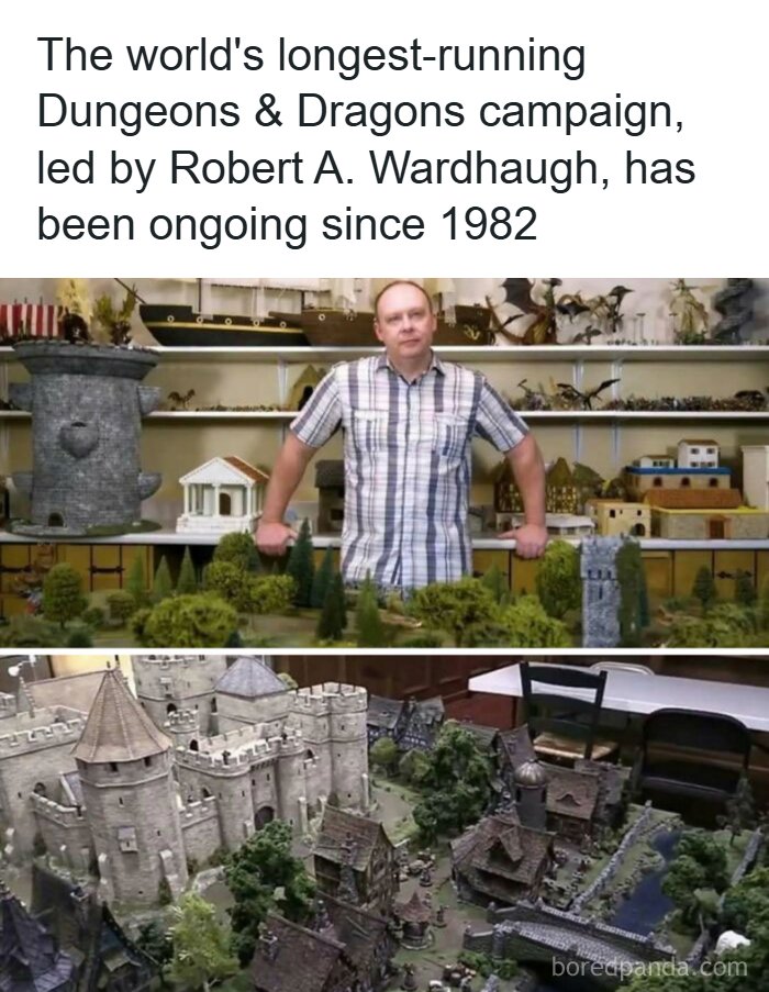 Man standing behind detailed Dungeons and Dragons miniature setup, showing a unique moment in gaming history.