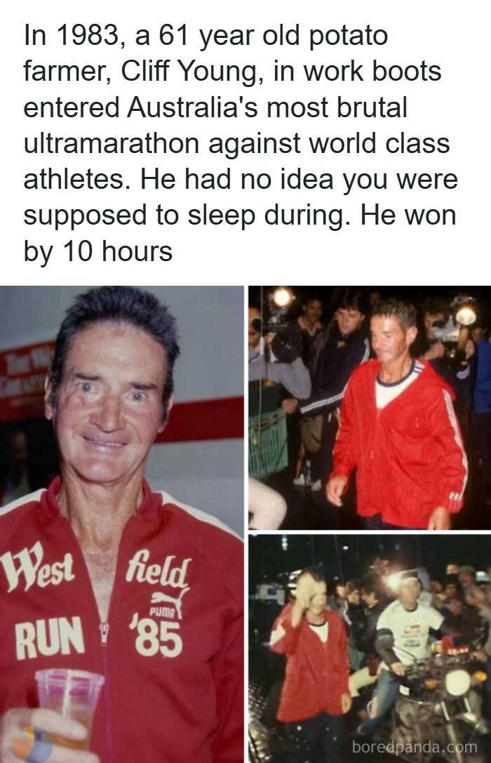 61-year-old ultramarathon runner winning against athletes in 1983, showing unique moments in ancient and recent history.