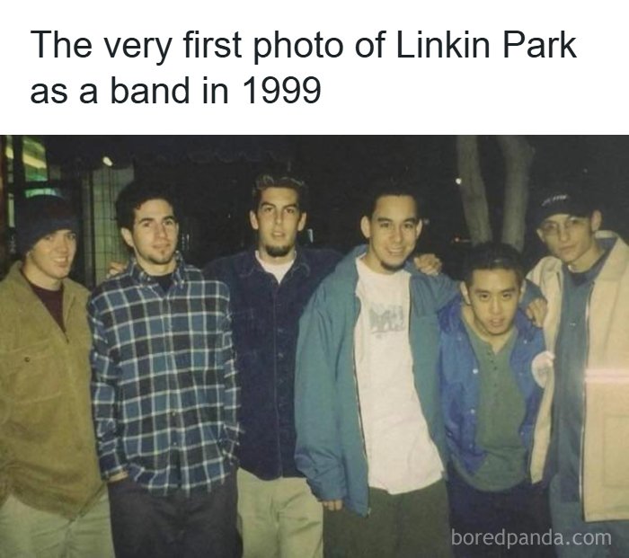 The very first photo of Linkin Park as a band in 1999, showcasing nostalgic 90s moments and styles from our past.