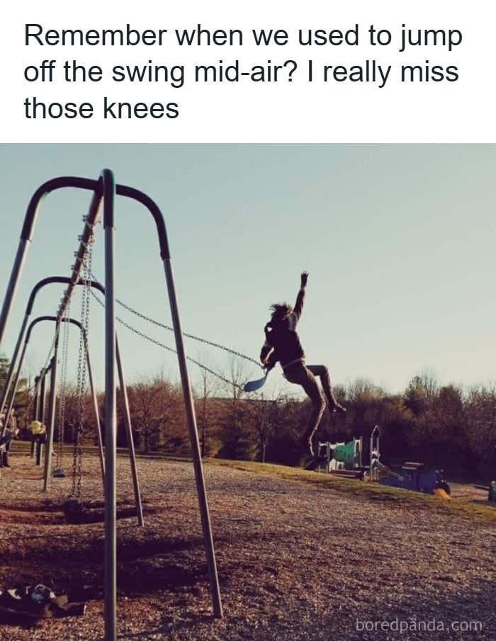 Child jumping off a swing mid-air at a playground, capturing nostalgic moments from 90s childhood life.