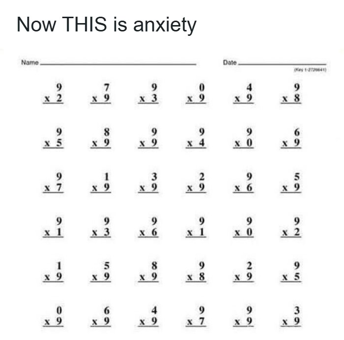 Multiplication worksheet with multiple math problems highlighting ‘90s school anxiety and parts of our lives that don’t exist anymore.