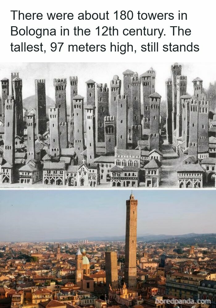 Ancient Bologna towers in the 12th century compared to the single tallest tower still standing today in unique history moments.