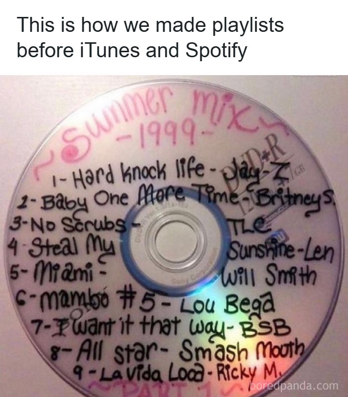 CD labeled Summer Mix 1999 with handwritten 1990s and 2000s playlist, reflecting nostalgia for that era's music.