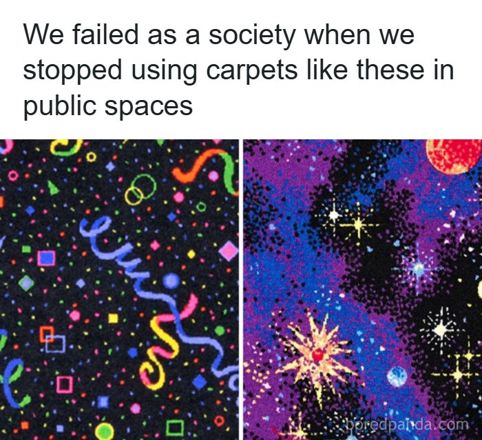 Colorful 90s style patterned carpets with neon shapes and cosmic designs, showcasing retro parts of our lives that don't exist anymore.