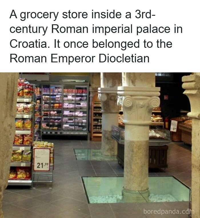 Grocery store inside a 3rd-century Roman imperial palace in Croatia showcasing unique moments in ancient history.