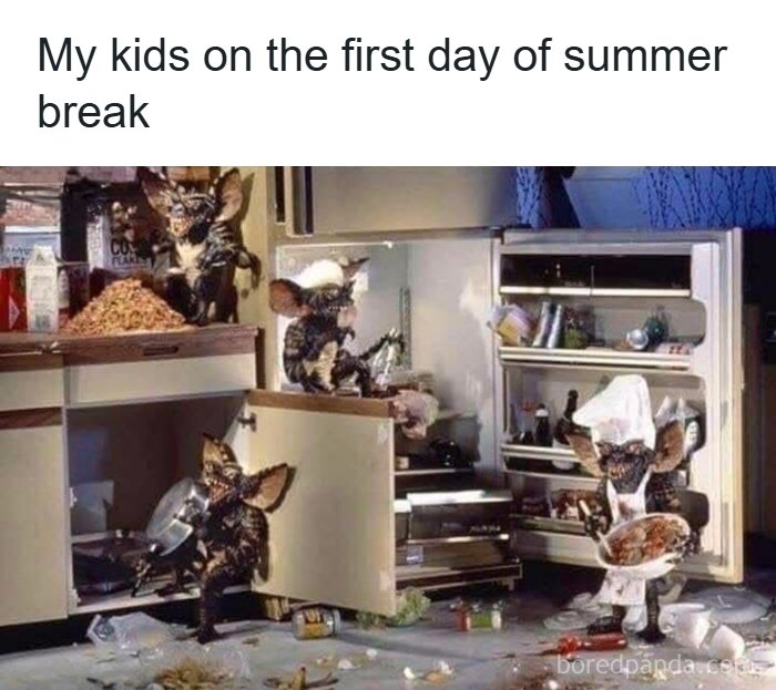 Gremlins making a mess in the kitchen and fridge, capturing nostalgic '90s elements from a popular movie scene.