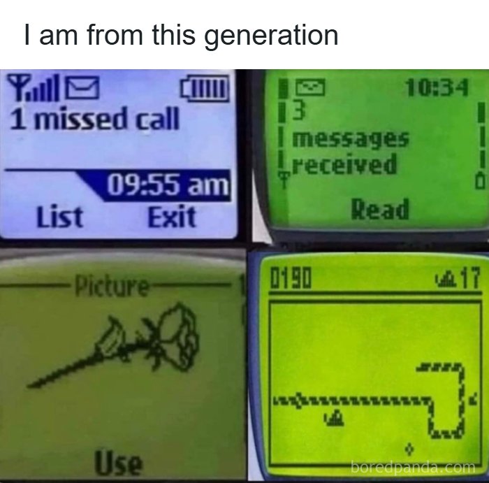 Screenshots of ‘90s mobile phone features showing missed calls, messages, pixel art, and classic snake game on LCD screens.