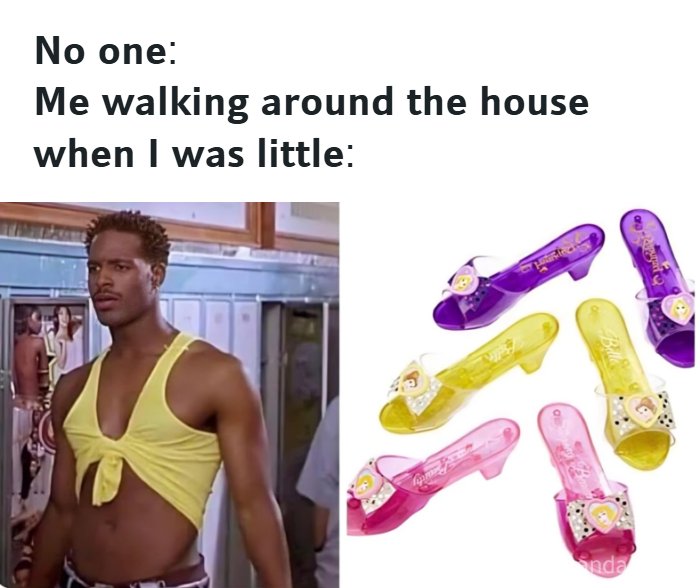 Man in a yellow crop top with nostalgic 90s style, next to colorful vintage plastic shoes, evoking 1990s and 2000s vibes.