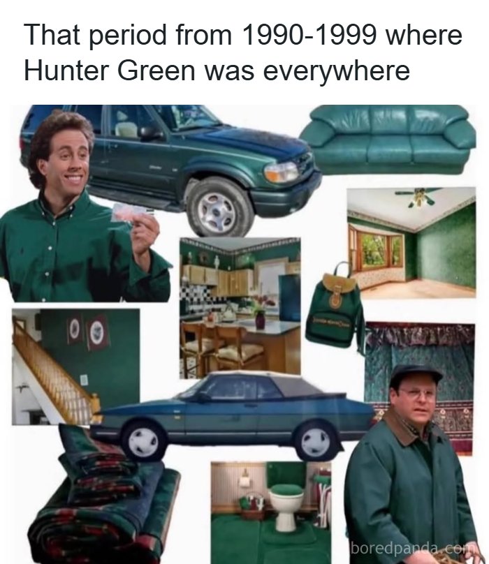 Collage of 1990s Hunter Green items including cars, furniture, interior decor, and fashion showcasing '90s life.