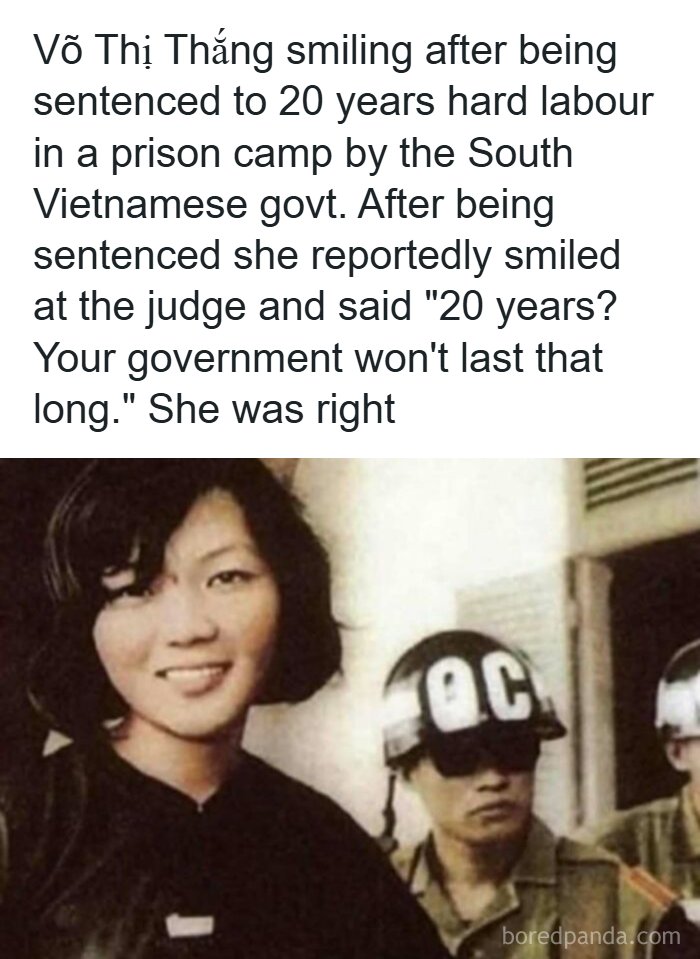 Võ Thị Thắng smiling after sentencing, a unique moment in history showing defiance during the Vietnam War era.