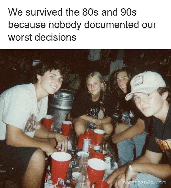 Group of friends at a casual 90s party, surrounded by red cups and drinks, capturing a moment from the 90s era.
