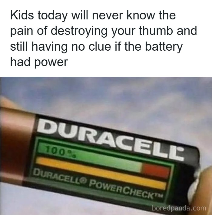 Caption about 90s nostalgia showing a Duracell battery with a power check indicator reflecting parts of life that don’t exist anymore.