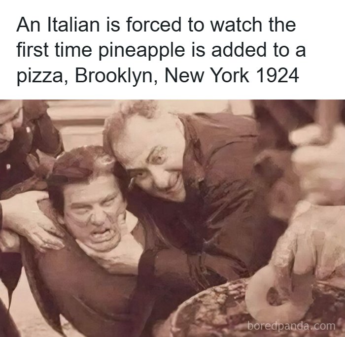 An Italian man reacting to pineapple on pizza in Brooklyn, a humorous moment from the internet's favorite moments.