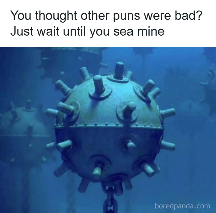 Underwater sea mine with pun text about bad puns, relating to memes you need to function properly and entertaining humor.