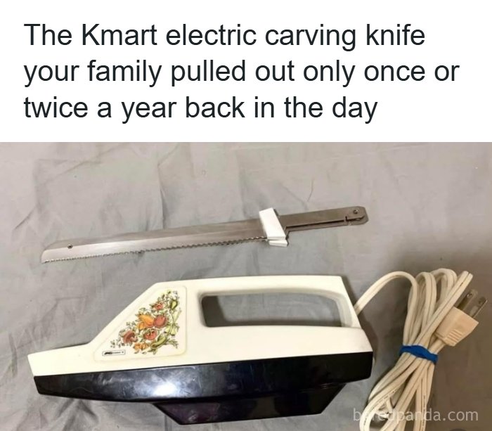 Kmart electric carving knife from the 90s with floral design, showing nostalgic household items no longer used today.