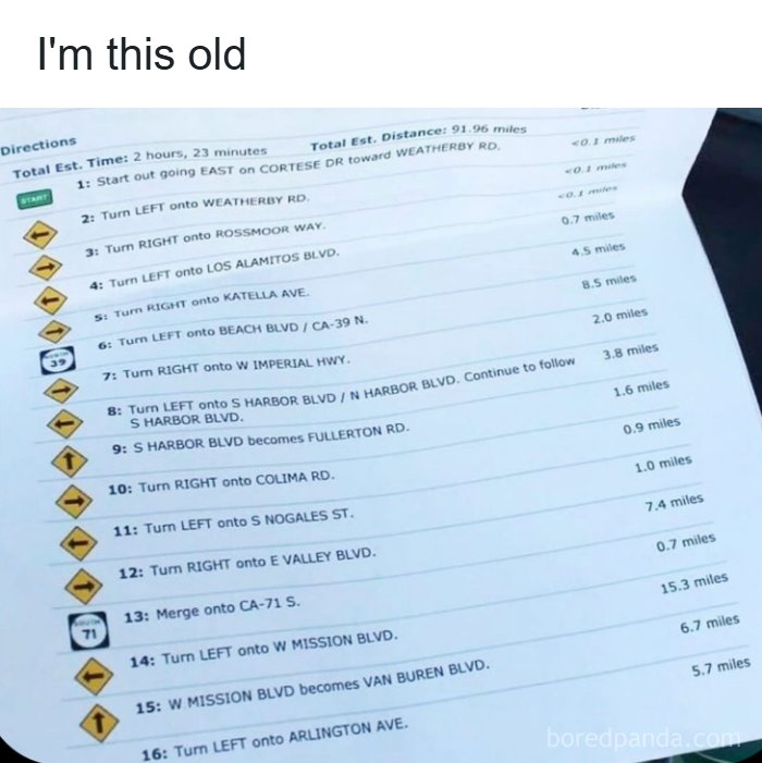 Printed paper map directions with turn-by-turn instructions, showing a part of 90s life that doesn’t exist anymore.