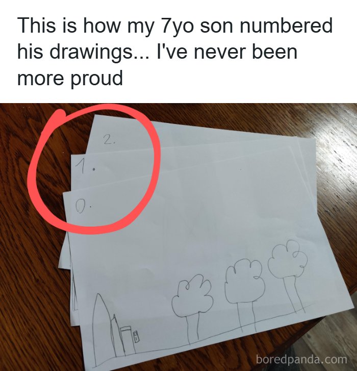 Child numbered drawings starting from zero, illustrating a programming meme about debugging as a universally annoying struggle.