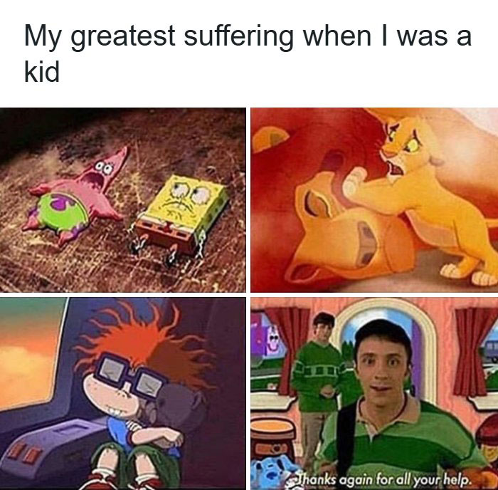 Childhood cartoon and TV moments from the 1990s and 2000s capturing deep nostalgia and emotional attachment.