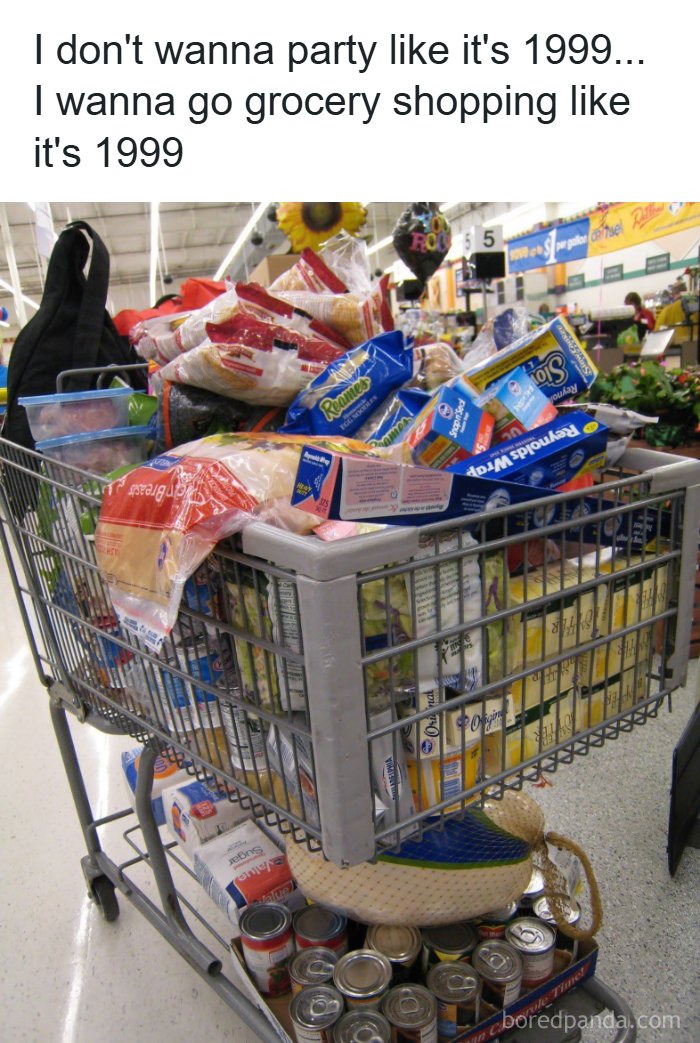 Grocery shopping with a cart full of food items highlighting 90s nostalgia and parts of life that don’t exist anymore.