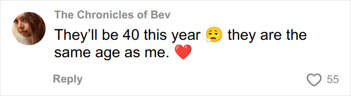 Commenter reflecting on Mary-Kate and Ashley Olsen turning 40, relating to their age and fan emotions with heart emoji.