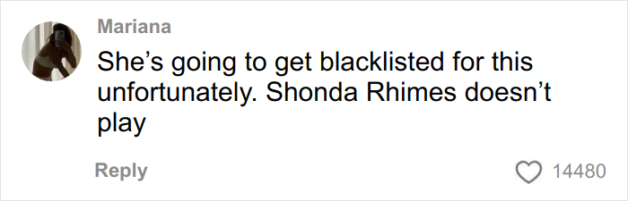Comment by Mariana discussing potential blacklist consequences for a Bridgerton actress related to mental health impact.