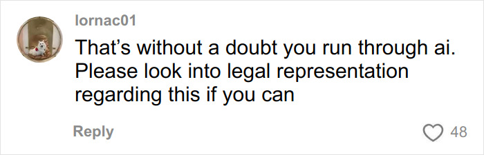 Comment on social media from user lornac01 urging legal action over AI photo likeness plagiarism in fashion controversy.