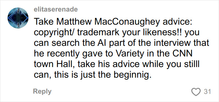 Comment warning to copyright and trademark likeness amid AI photo use in controversial fashion brand ad dispute.