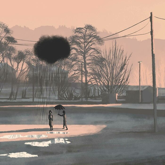 Two people under a small dark cloud with rain, bold illustration conveying clever visual metaphor by Paul Blow.