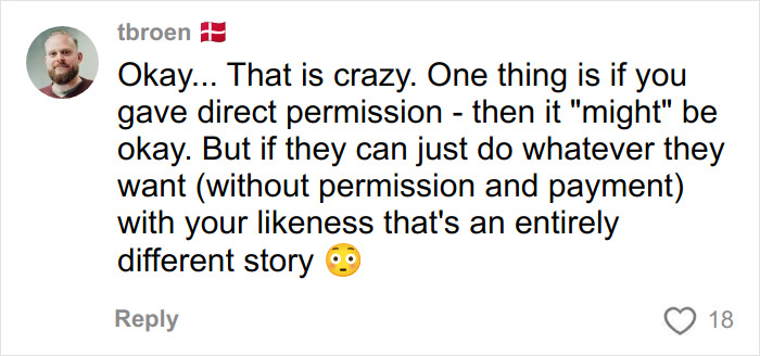 Screenshot of a user commenting on a model calling out fashion brand for plagiarizing her likeness with AI photos.