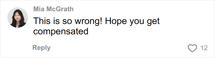 Comment from Mia McGrath expressing support and hope for compensation regarding fashion brand plagiarizing likeness with AI photos.