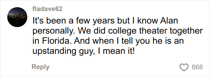 Comment from fladave62 praising Alan Ritchson as an upstanding guy, referencing their college theater days in Florida.