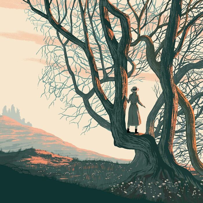 Woman standing on tree branch in a bold illustration turning ideas into clever visual metaphors by Paul Blow.