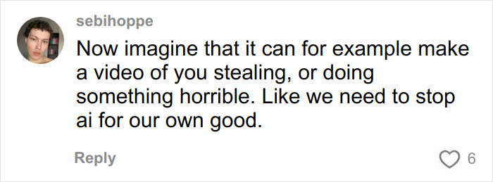 Comment discussing concerns about AI creating harmful videos, related to fashion brand plagiarizing model likeness with AI photos.