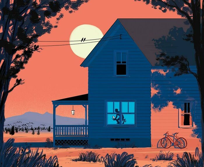 Bold illustration of a blue house at sunset with a person reading by a glowing window, showcasing clever visual metaphors.