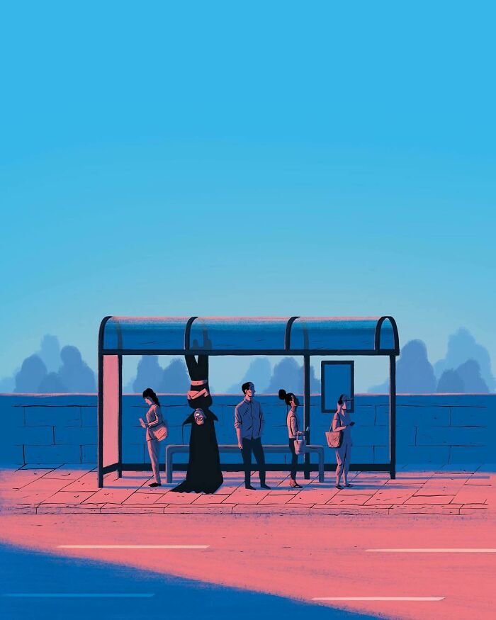 Bold illustration of people waiting at a bus stop with one figure hanging upside down, showing clever visual metaphors.