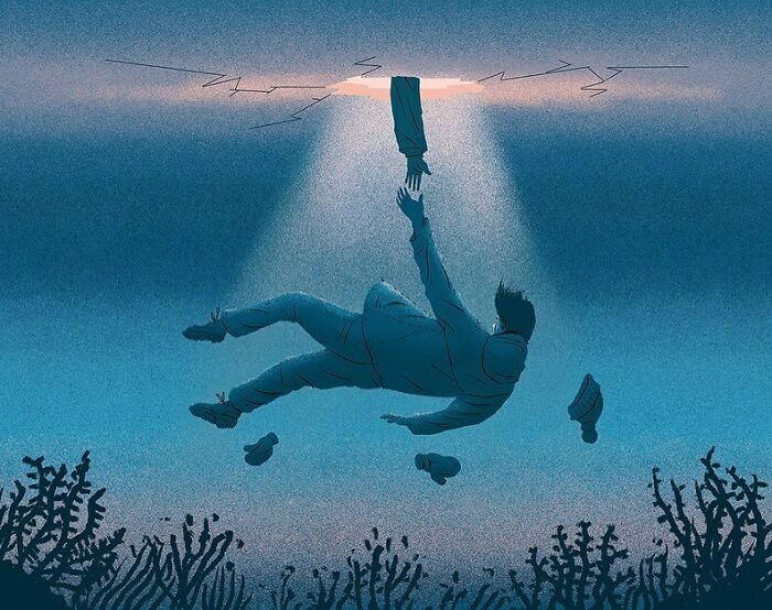 Man underwater reaching toward a hand through a crack in the surface in a bold illustration visual metaphor.