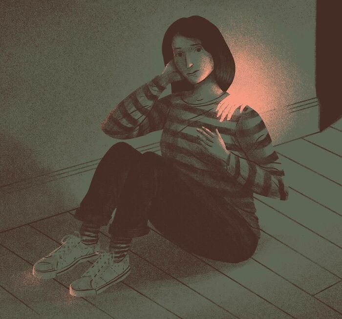 Illustration of a person sitting on the floor with a glowing hand on their shoulder, a bold visual metaphor concept.