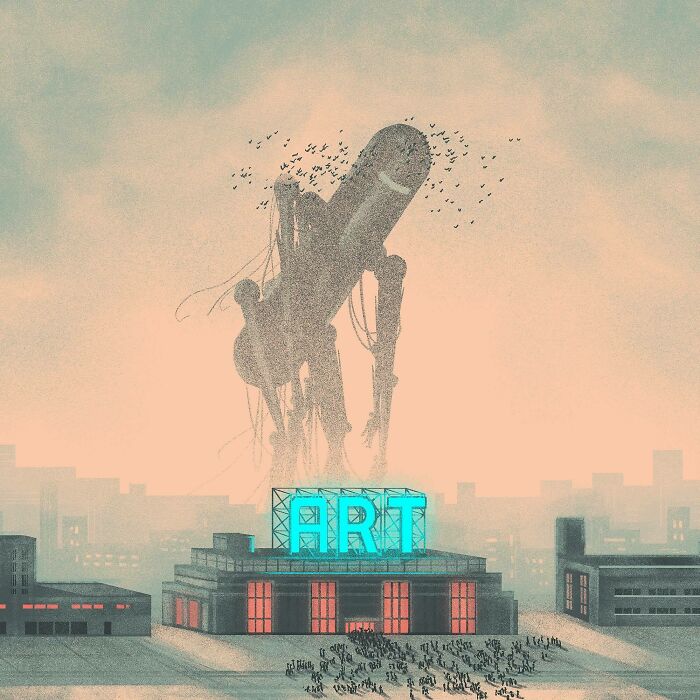 Giant robot towering over art building with crowds below in a bold illustration using clever visual metaphors.