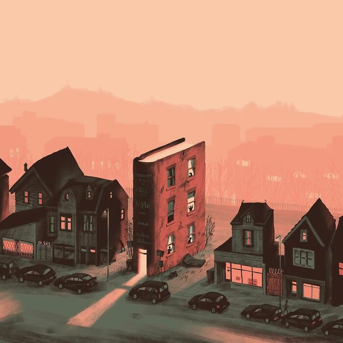 A bold illustration showing a giant book transformed into a building among houses, visual metaphor artwork.