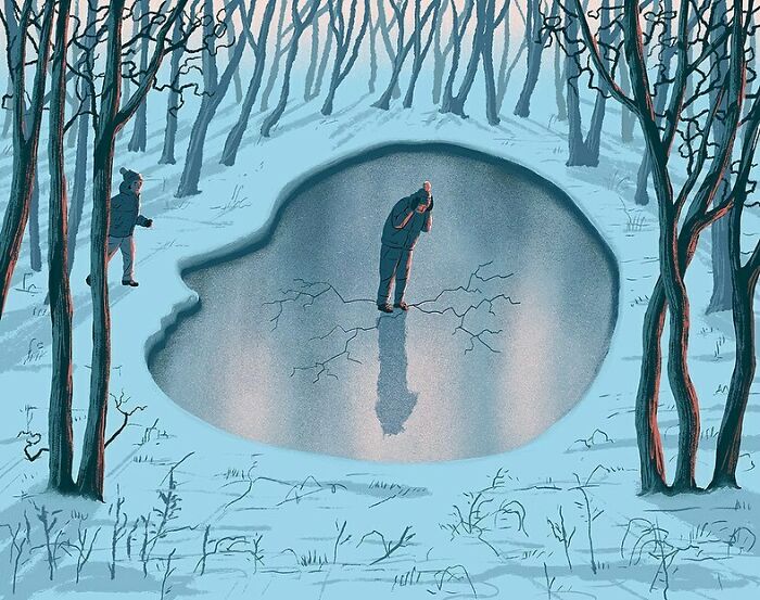 Bold illustration showing a man looking at his c*****d reflection in a frozen pond surrounded by bare trees in winter.