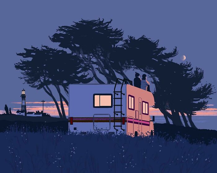 Two people sitting on top of a campervan under trees at dusk in a bold illustration with clever visual metaphors.