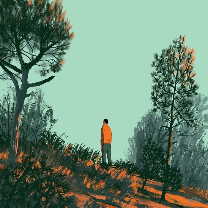 Man in orange shirt standing in a forest clearing, surrounded by tall trees in a bold illustration style.