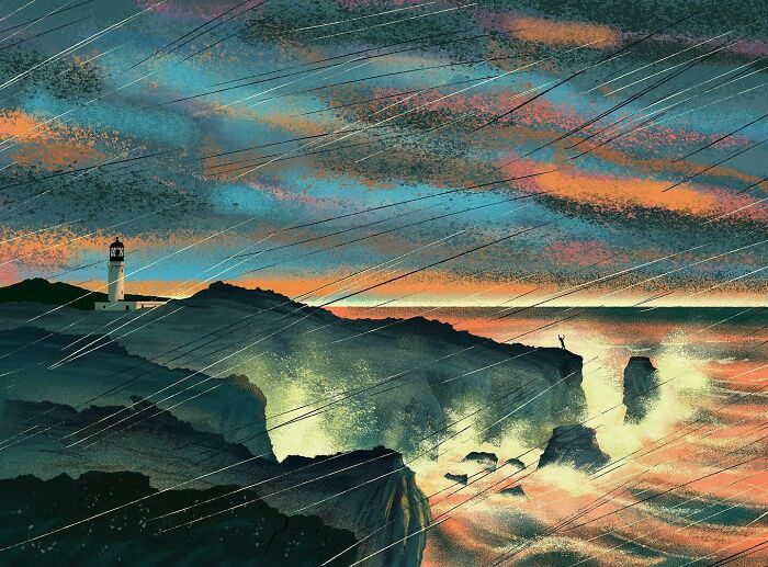 Stormy coastline illustration with lighthouse and bold visual metaphors of nature’s power and resilience.